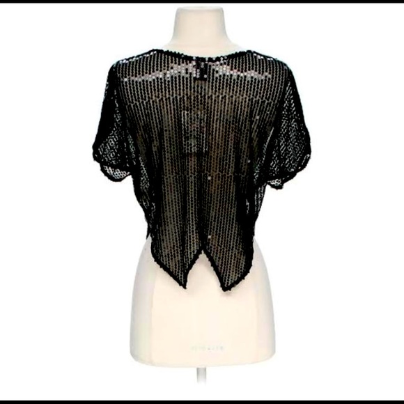 Vintage Free People Black Sequin Sheer Cap Sleeve Blouse - Picture 3 of 16
